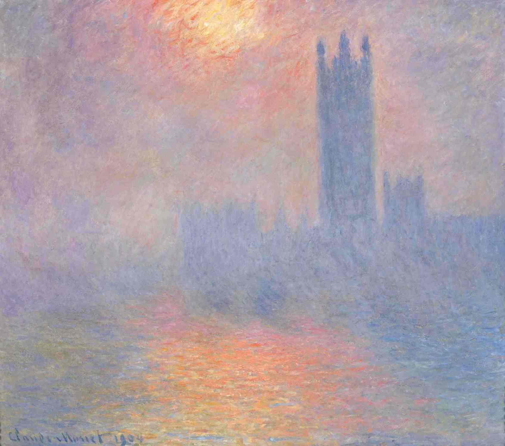 London, Parliament. Sunlight in the fog